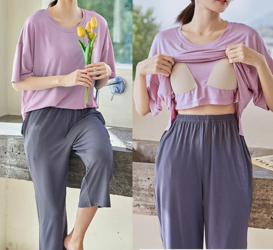 Pyjama-Oberteil mit integriertem BH, Nachtwäsche-Loungewear-Set mit Brustpolster, Übergröße erhältlich