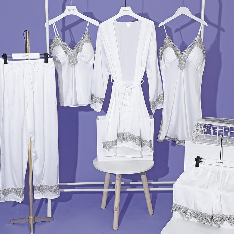 5 Piece Lace Lingerie Robe and Nightie Set with Removable Bra Cups