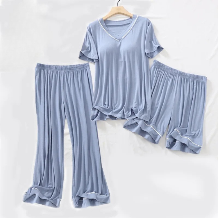 V-Neck Built-in-Bra 3 Piece Pyjama Set - Pants, Shorts and Top