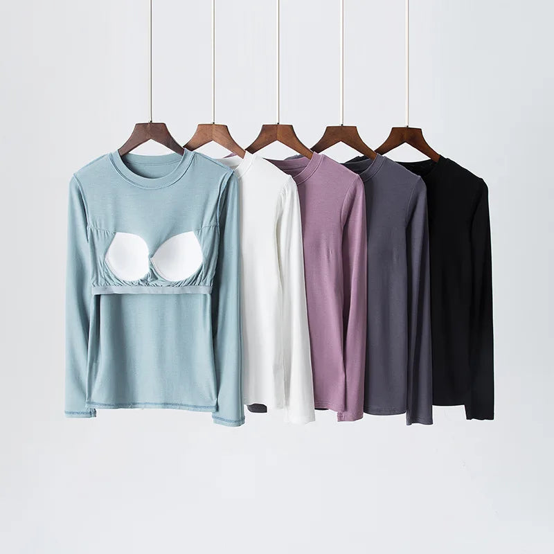 Long Sleeve Top with Built In Bra Round Neckline