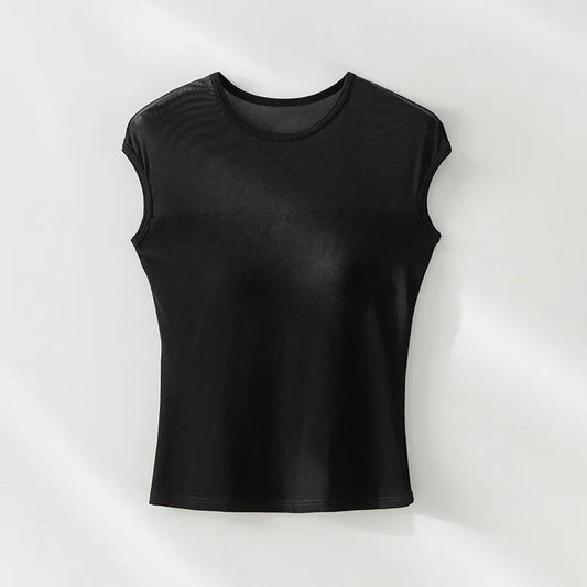 Built-In Bra T-Shirt Top with Sheer Mesh Panel