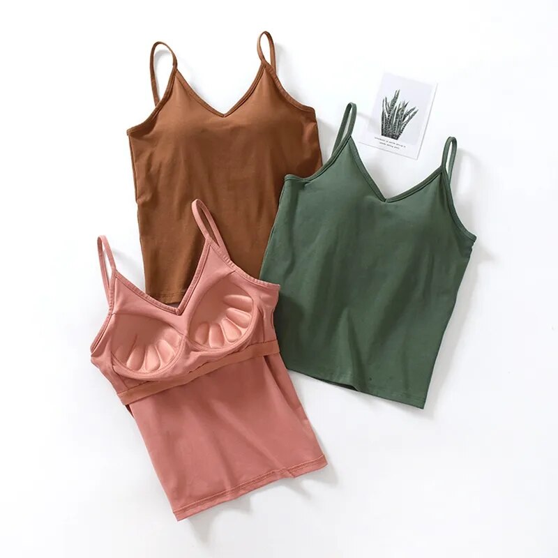 Singlet Top with Built in Bra Camisole V-neck with Built In Bra