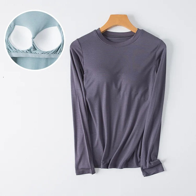 Long Sleeve Top with Built In Bra Round Neckline