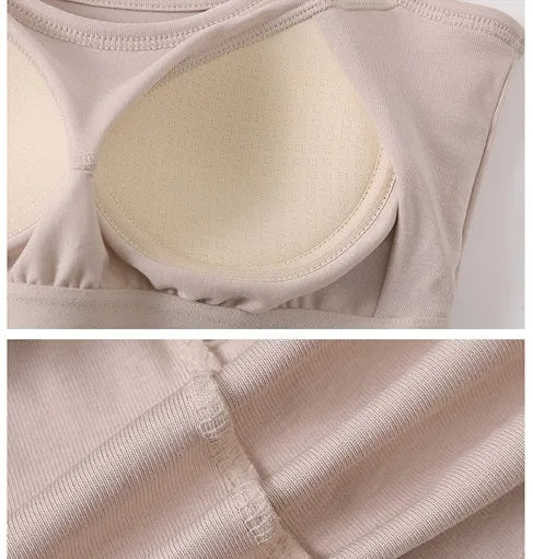 Cotton Singlet Cami Top with Built in Bra Camisole Spaghetti Straps