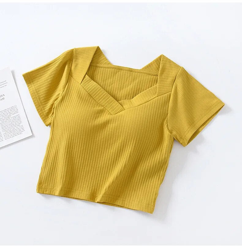 Crop Top V-Ausschnitt T-Shirt mit integriertem BH aus Baumwolle