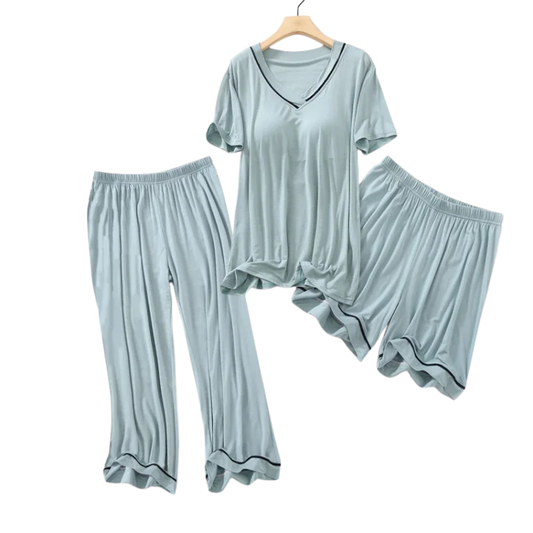 V-Neck Built-in-Bra 3 Piece Pyjama Set - Pants, Shorts and Top