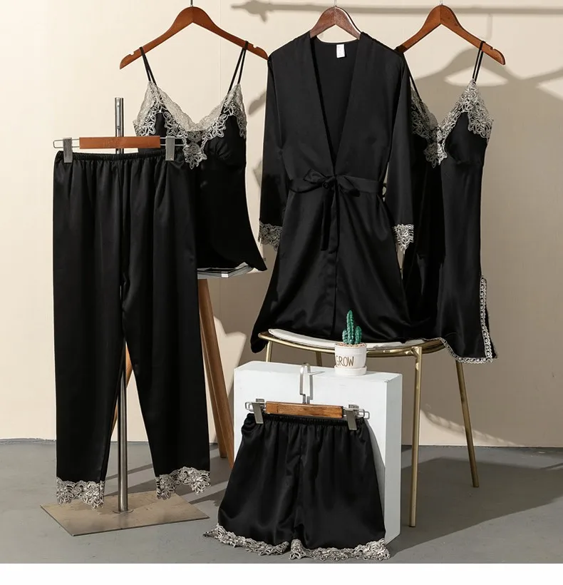 5 Piece Lace Lingerie Robe and Nightie Set with Removable Bra Cups