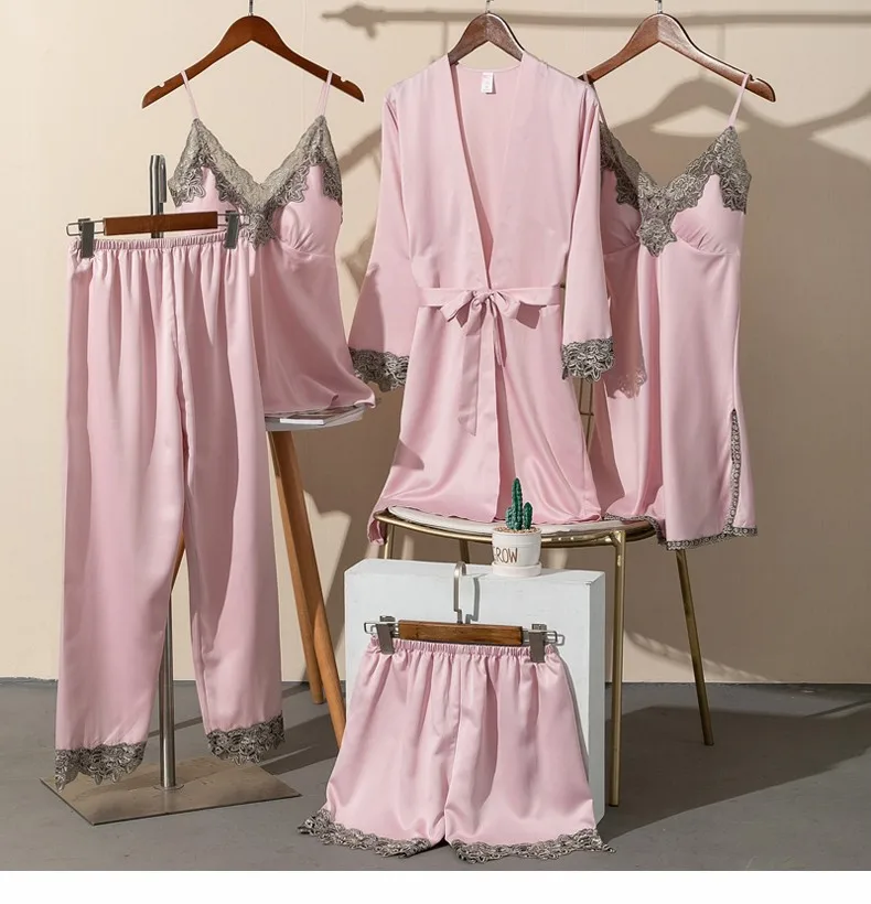 5 Piece Lace Lingerie Robe and Nightie Set with Removable Bra Cups