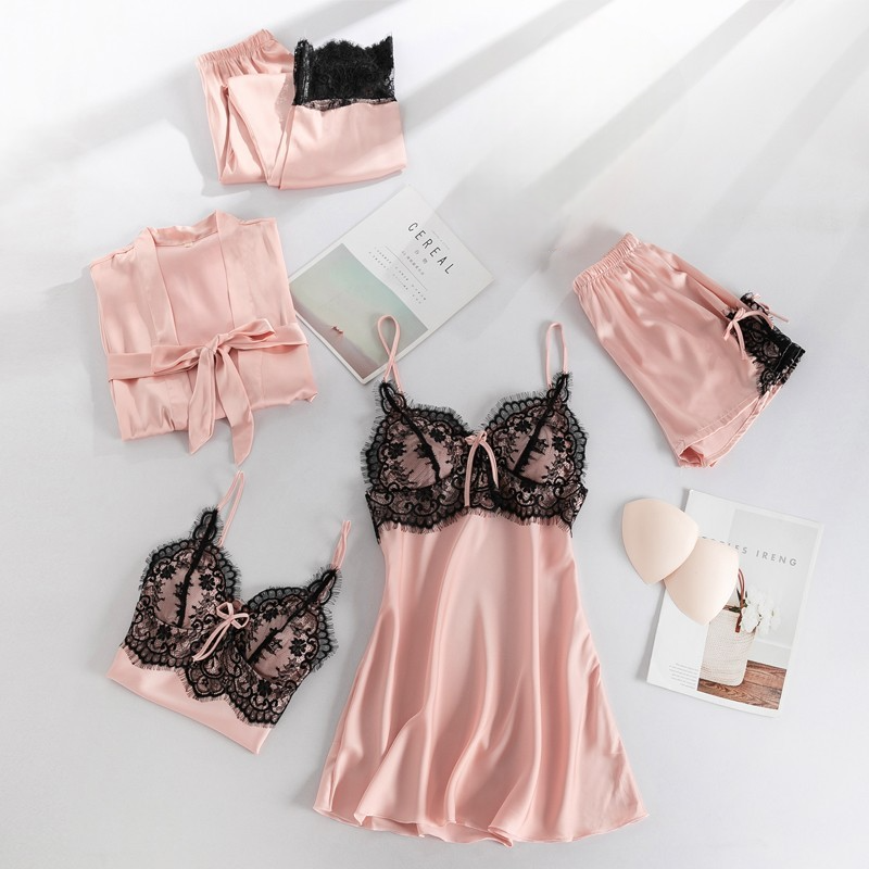 Lace Lingerie Robe and Nightie 5 Piece Set with Removable Bra Cups