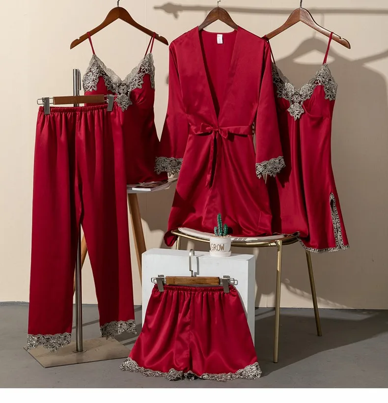 5 Piece Lace Lingerie Robe and Nightie Set with Removable Bra Cups