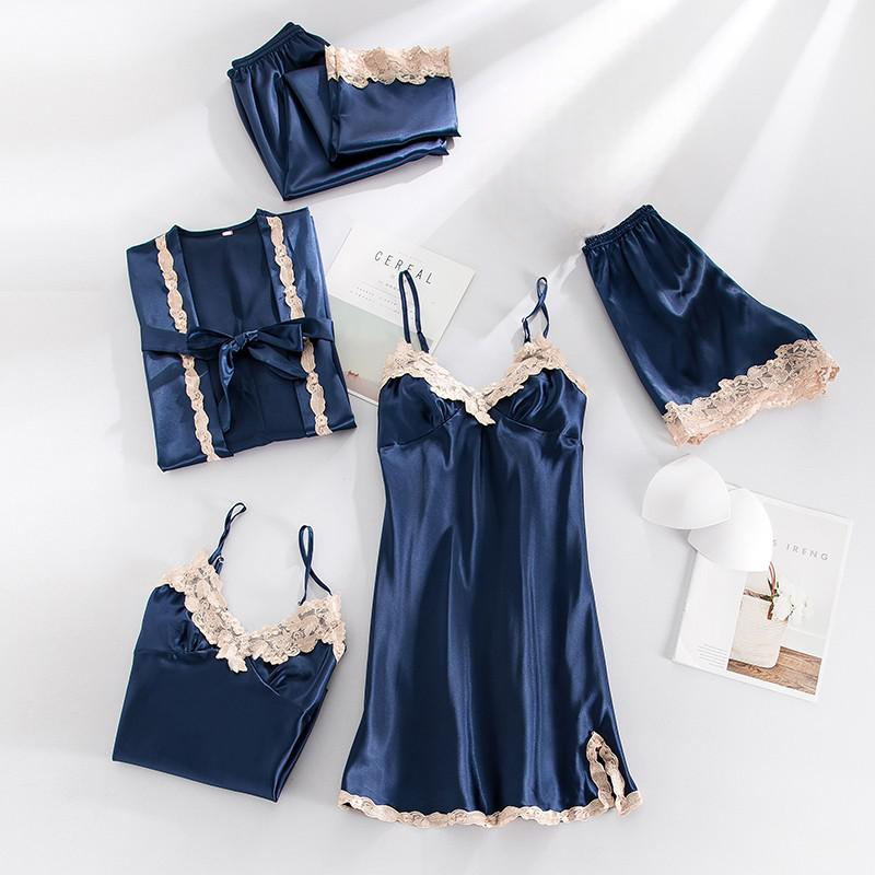 5 Piece Lace Lingerie Robe and Nightie Set with Removable Bra Cups