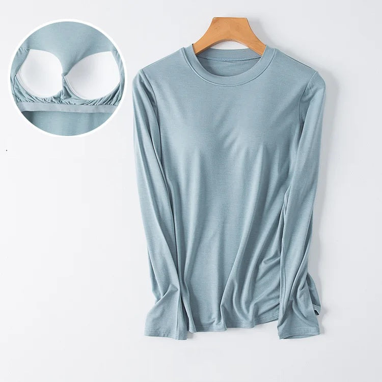 Long Sleeve Top with Built In Bra Round Neckline