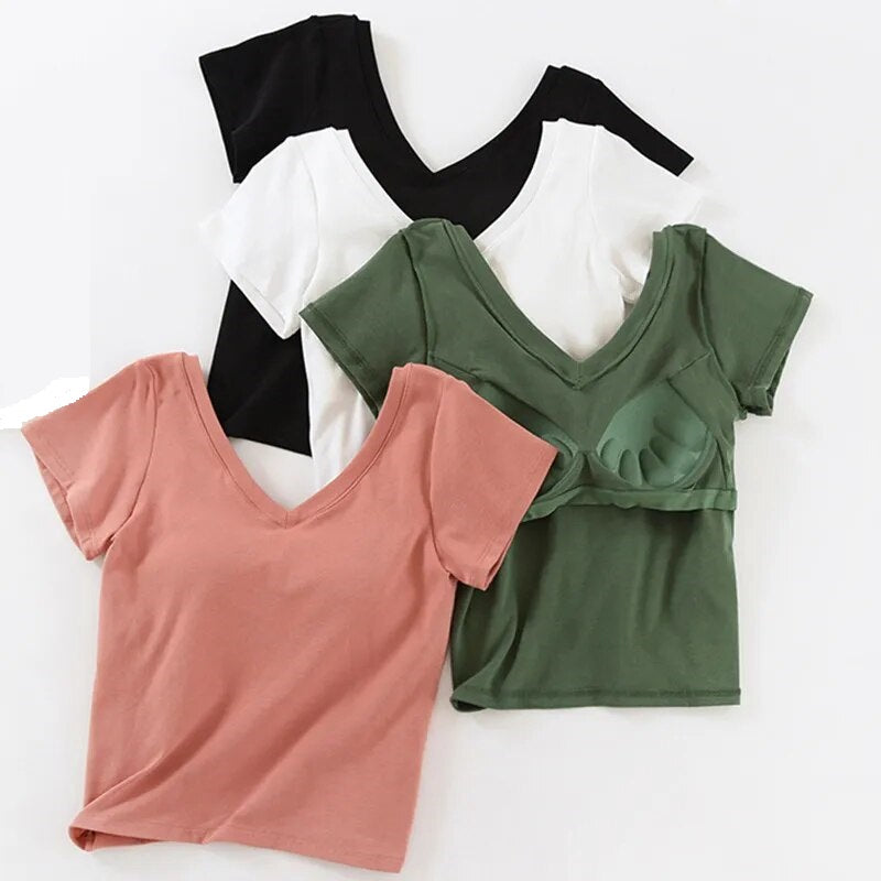 V Neck T-Shirt Casual with Built In Bra Top Padding Cotton