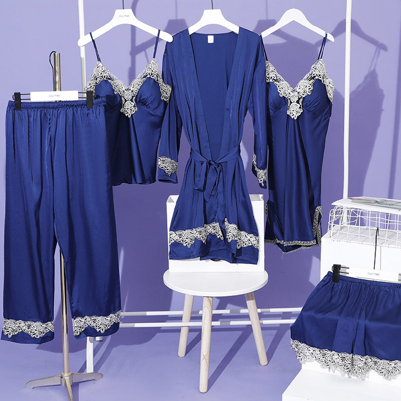 5 Piece Lace Lingerie Robe and Nightie Set with Removable Bra Cups