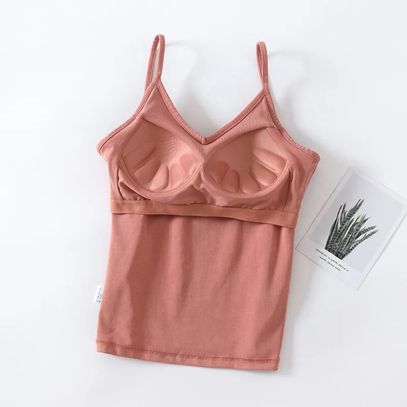 Singlet Top with Built in Bra Camisole V-neck with Inbuilt Bra Cotton