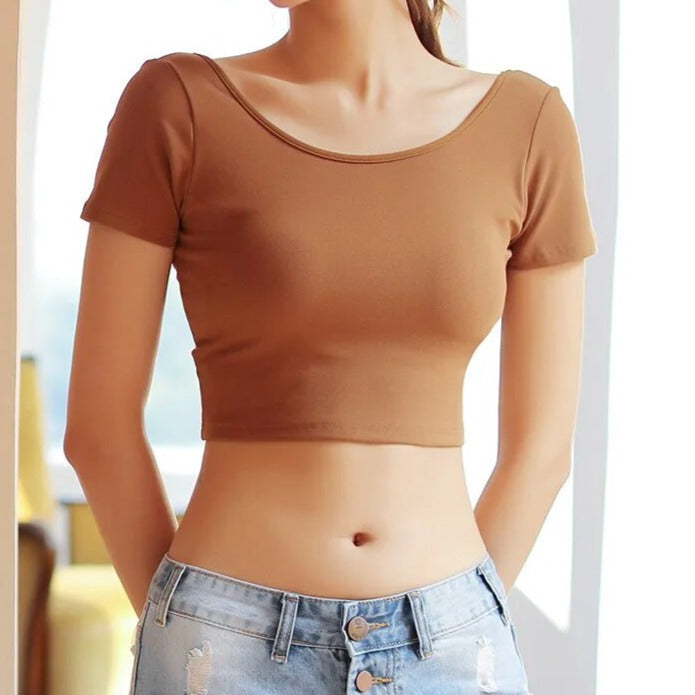 Sommer Crop Tops mit integriertem BH Rundhals Baumwolle