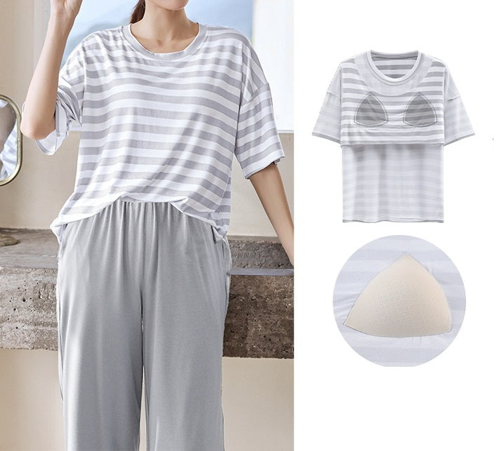 Pyjama-Oberteil mit integriertem BH, Nachtwäsche-Loungewear-Set mit Brustpolster, Übergröße erhältlich