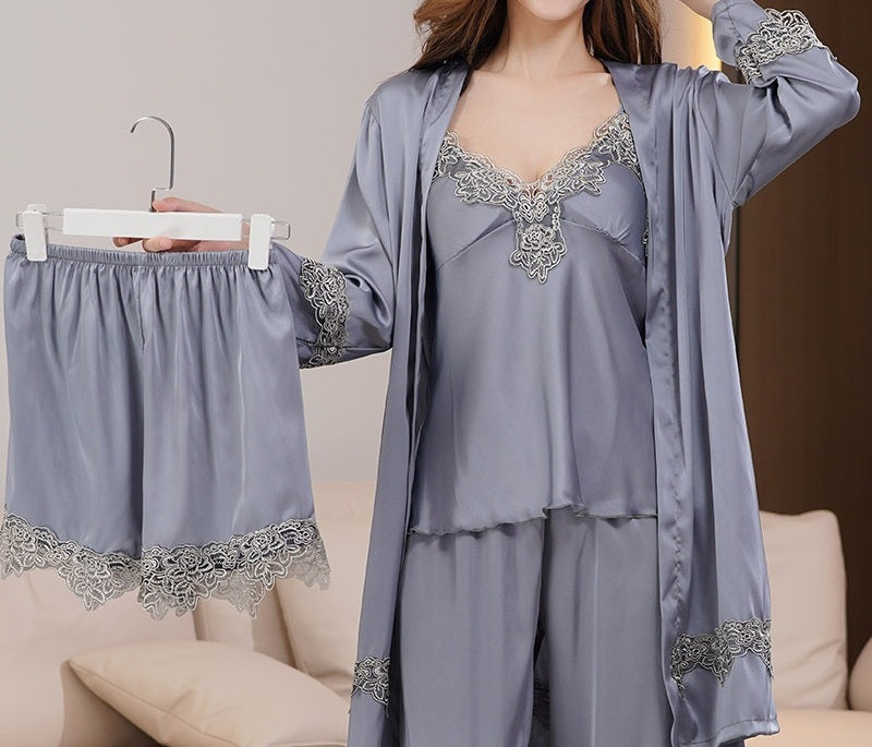 5 Piece Lace Lingerie Robe and Nightie Set with Removable Bra Cups