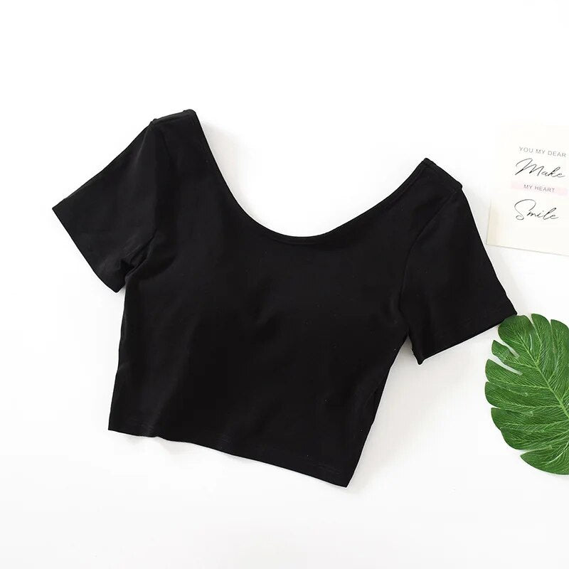 Sommer Crop Tops mit integriertem BH Rundhals Baumwolle