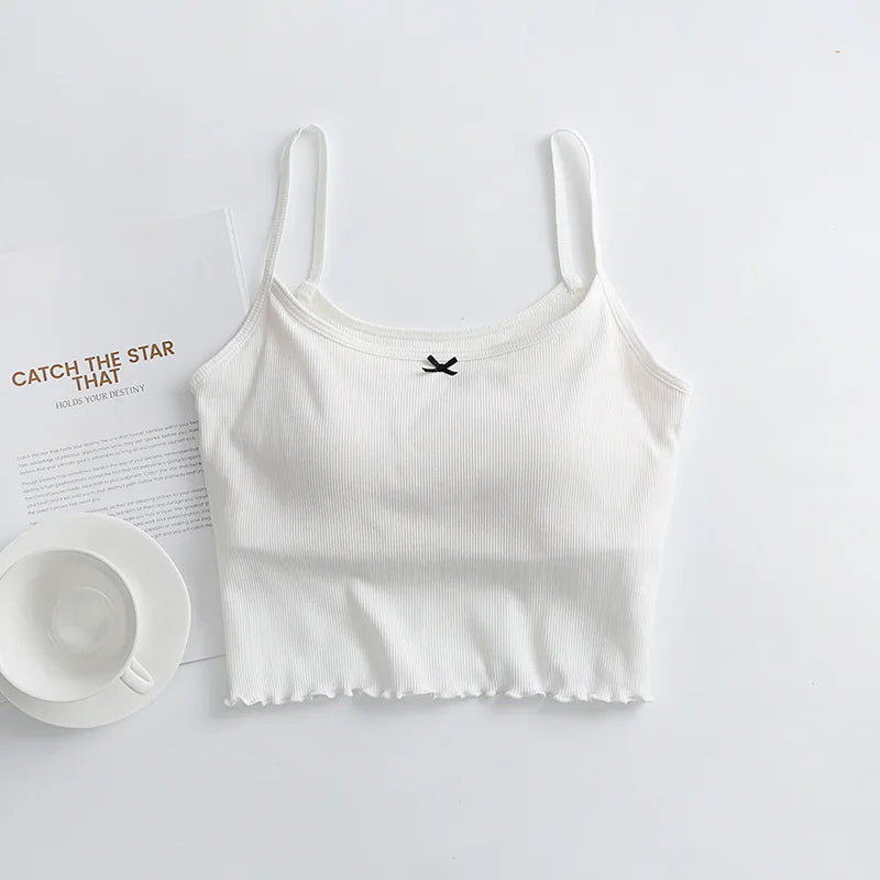 Spaghetti Strap Lace Ruffle Edge Crop Top with Built-In Bra