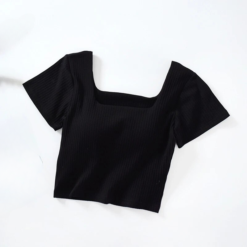 T Shirt Crop Bra Top with Built In Bra Cotton