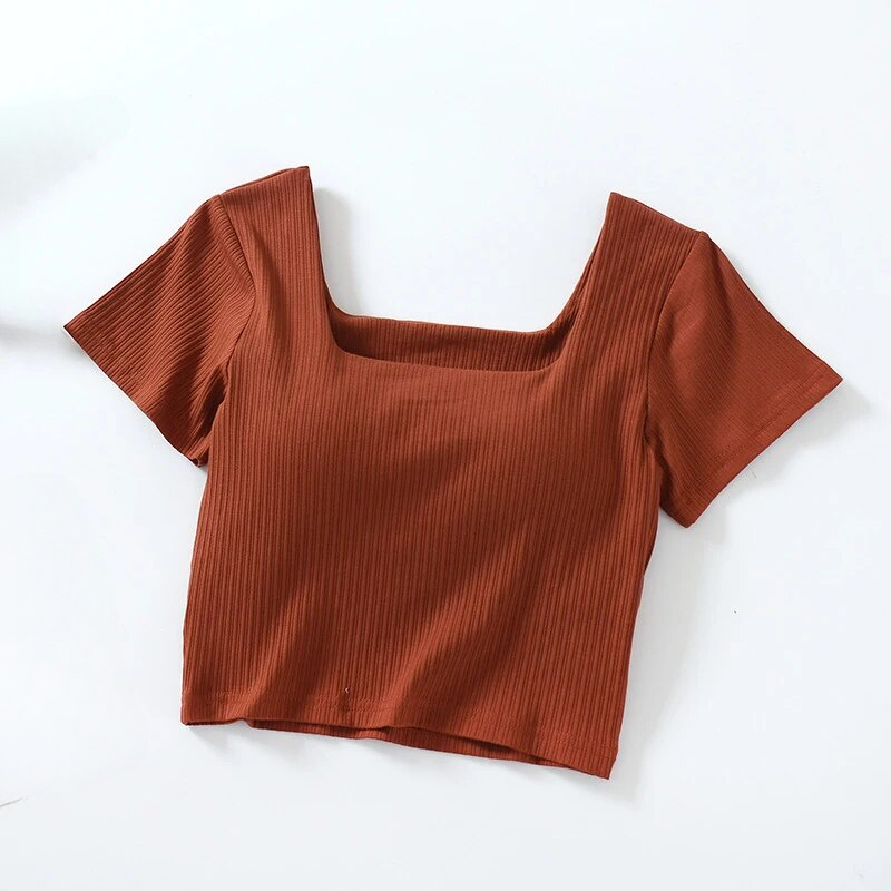 T Shirt Crop Bra Top with Built In Bra Cotton