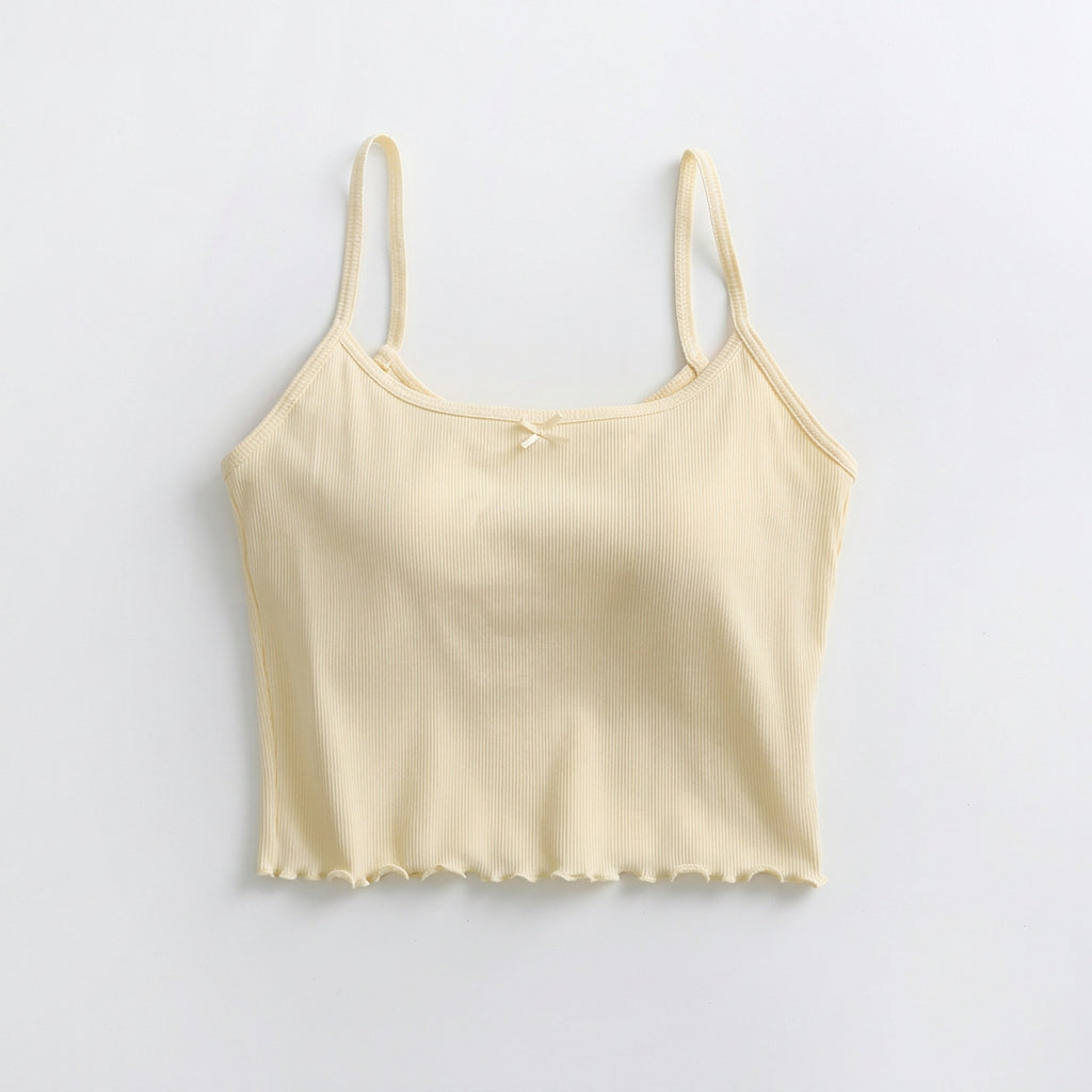 Spaghetti Strap Lace Ruffle Edge Crop Top with Built-In Bra