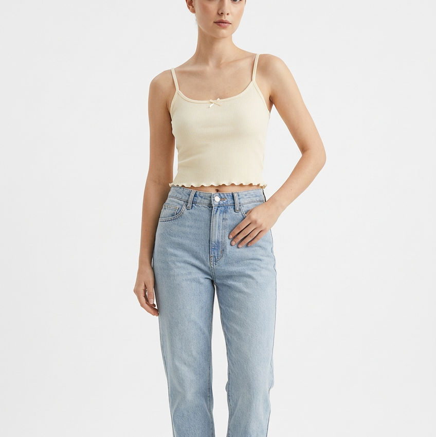 Spaghetti Strap Lace Ruffle Edge Crop Top with Built-In Bra