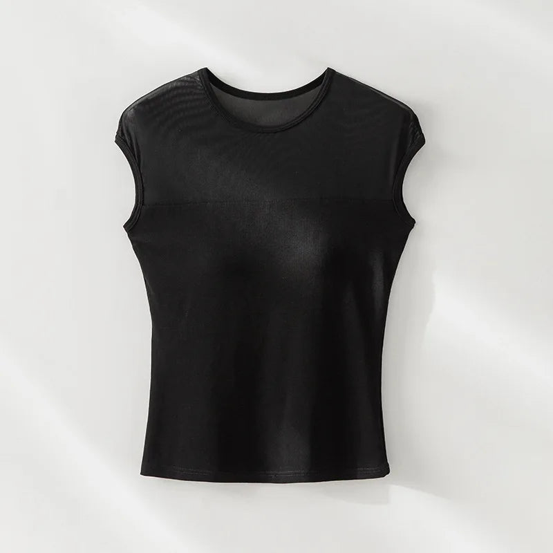 Built In Bra T-Shirt Top with Sheer Mesh Panel