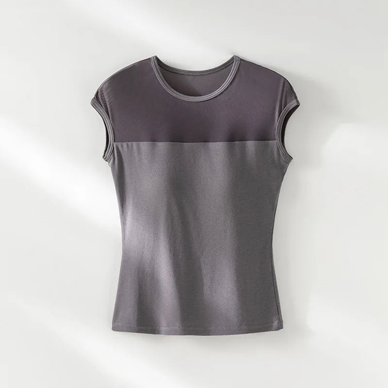 Built In Bra T-Shirt Top with Sheer Mesh Panel