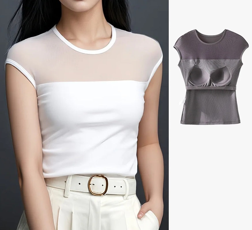 Built In Bra T-Shirt Top with Sheer Mesh Panel