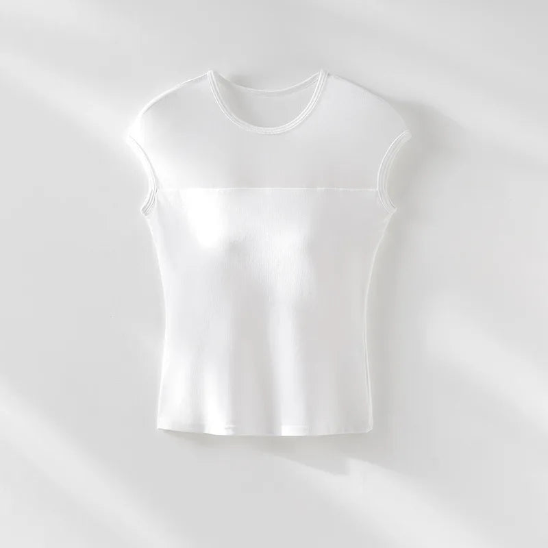 Built In Bra T-Shirt Top with Sheer Mesh Panel