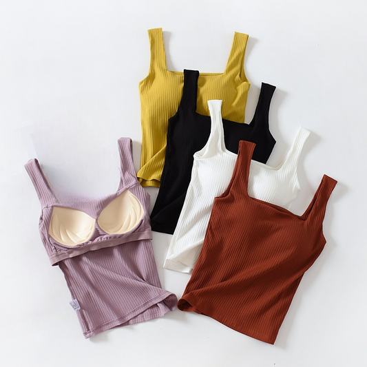 Square Neck Top Shirt with Built In Bra - Cotton