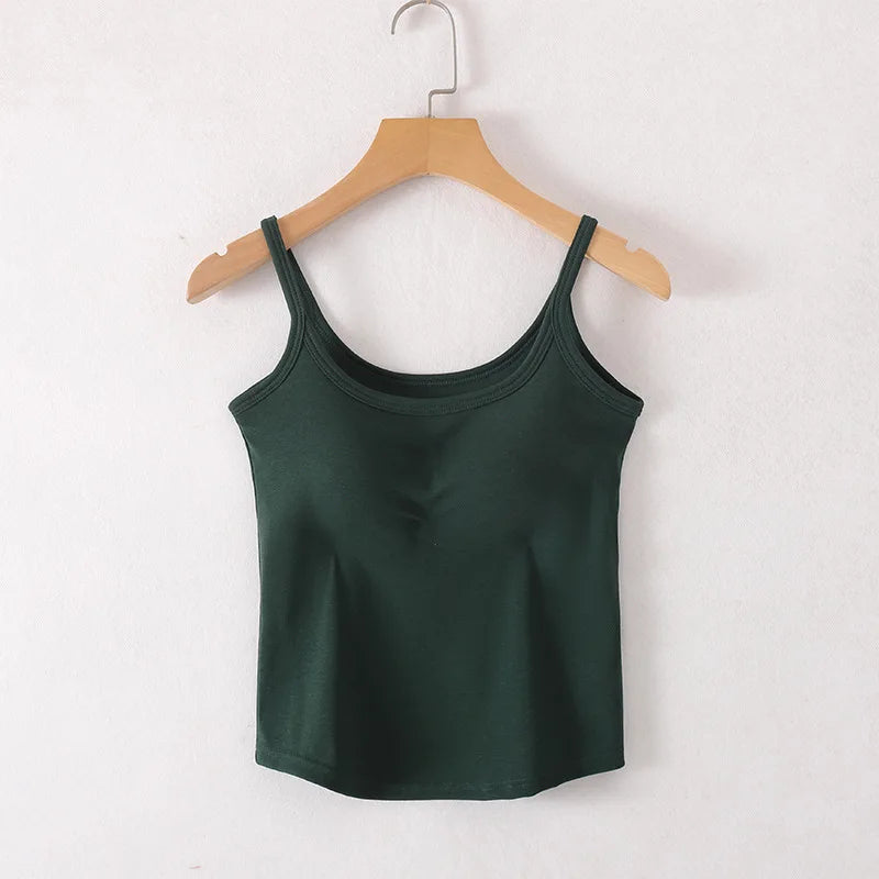 Cotton Singlet Cami Top with Built in Bra Camisole Spaghetti Straps