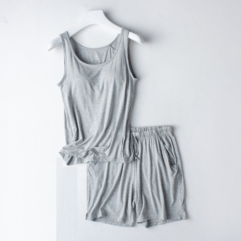 Shelf Bra Two Piece Pyjamas Loungewear Removable Bra Cups Tank Top and Shorts Plus size available S Grey