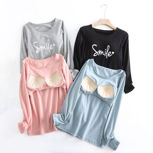 Long Sleeve Top with Built In Bra Cotton Smile