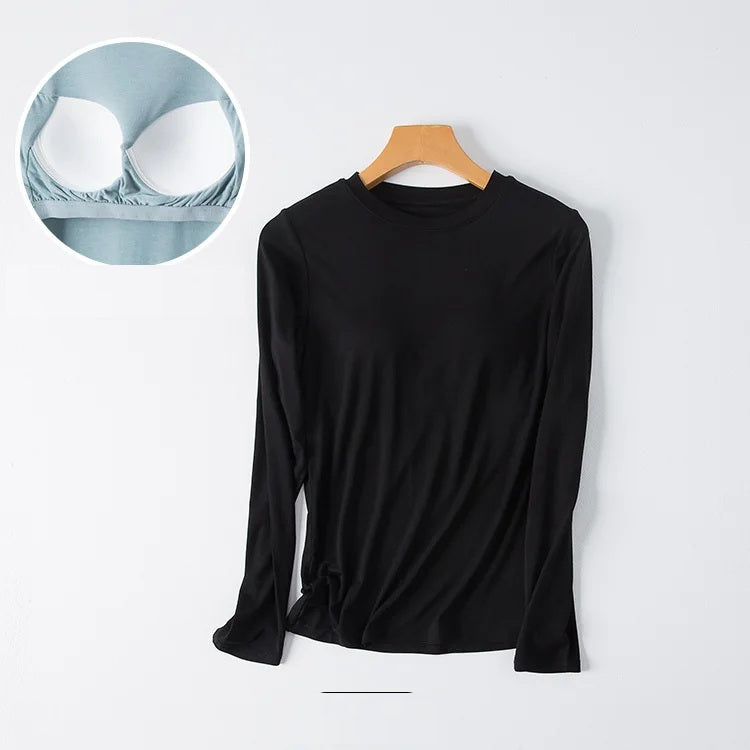 Long Sleeve Top with Built In Bra Round Neckline