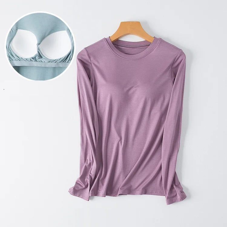 Long Sleeve Top with Built In Bra Round Neckline