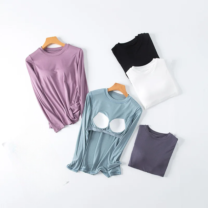 Long Sleeve Top with Built In Bra Round Neckline