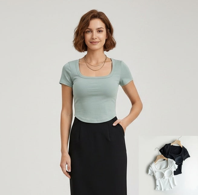 Cotton Scooped Neck Built in Bra T-Shirt Crop Length