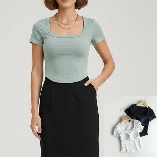 Cotton Scooped Neck Built in Bra T-Shirt Crop Length