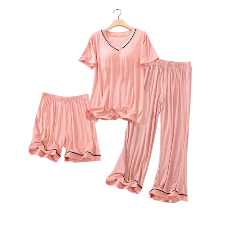 V-Neck Built-in-Bra 3 Piece Pyjama Set - Pants, Shorts and Top