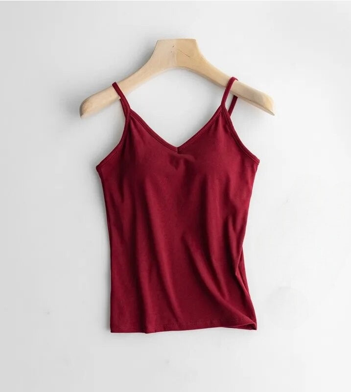 Singlet Top with Built in Bra Camisole V-neck with Inbuilt Bra Cotton