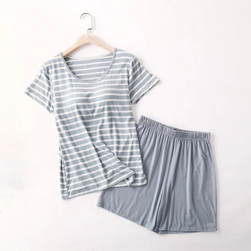 Two Piece Loungewear Pyjamas with Built in Bra Striped T-Shirt and Shorts