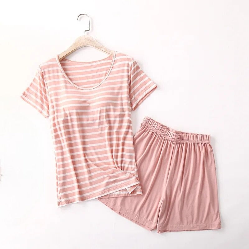 Two Piece Loungewear Pyjamas with Built in Bra Striped T-Shirt and Shorts