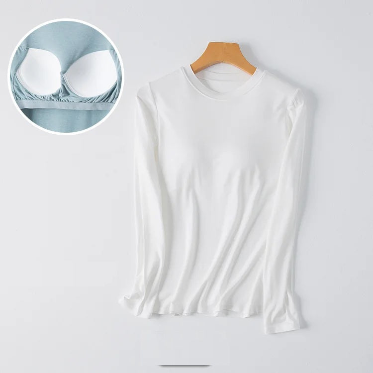Long Sleeve Top with Built In Bra Round Neckline